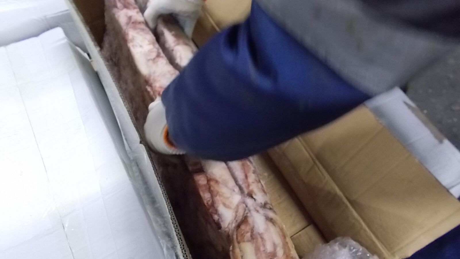 Random inspection of boxes with allegedly damaged frozen cargo. Visual condiotn