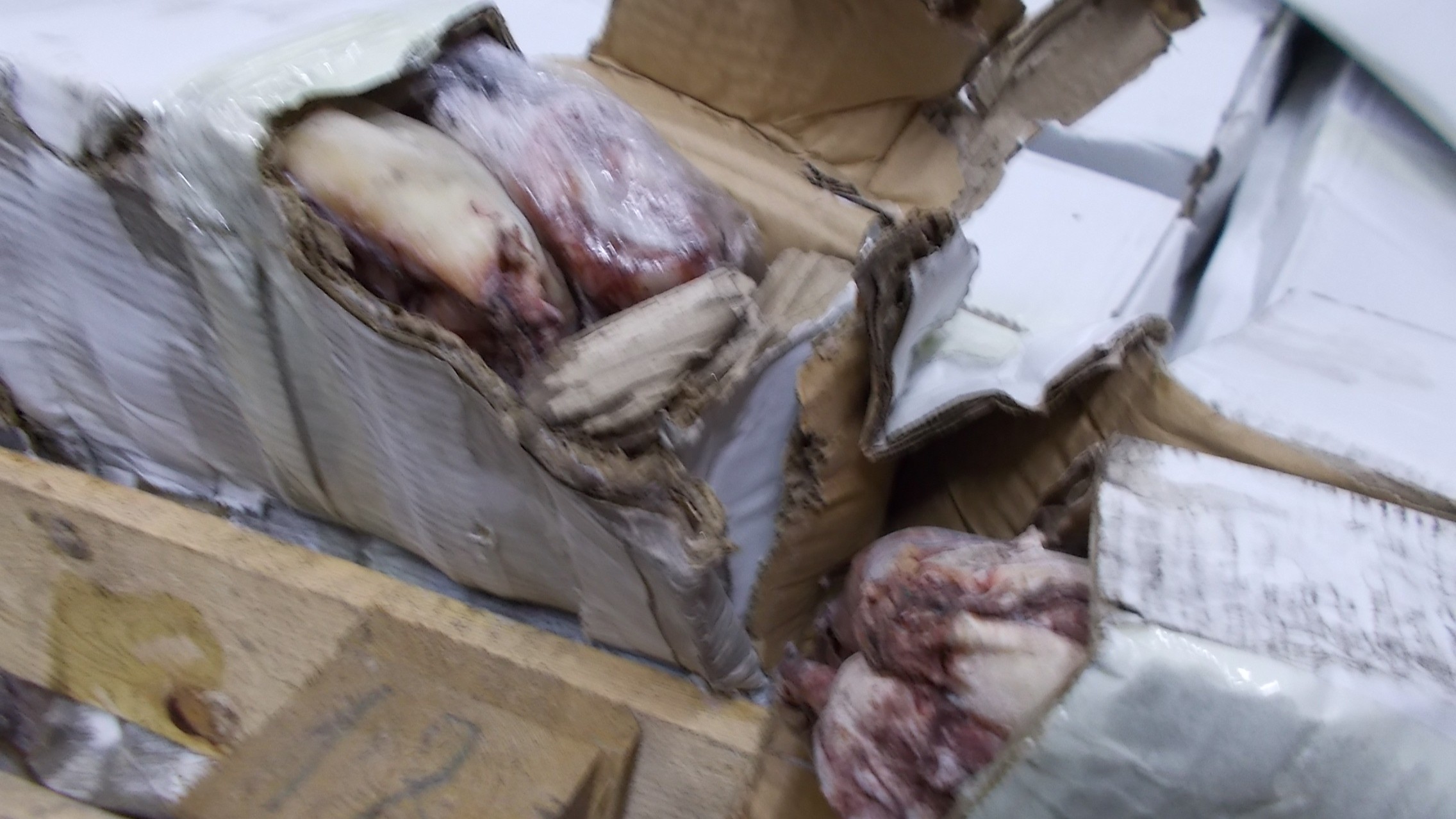 Random inspection of boxes with allegedly damaged frozen cargo. Visual condiotn