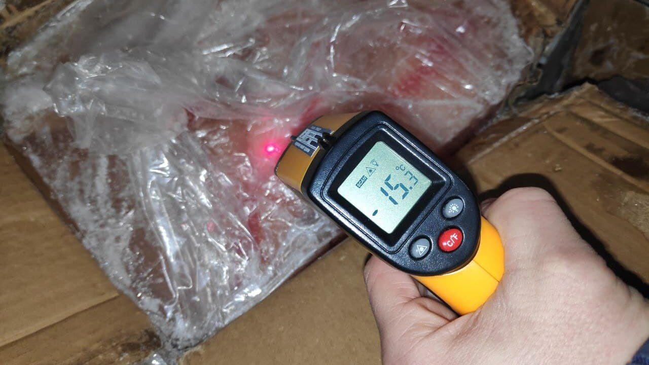 Random inspection of boxes with allegedly damaged frozen cargo. Temperature measurement