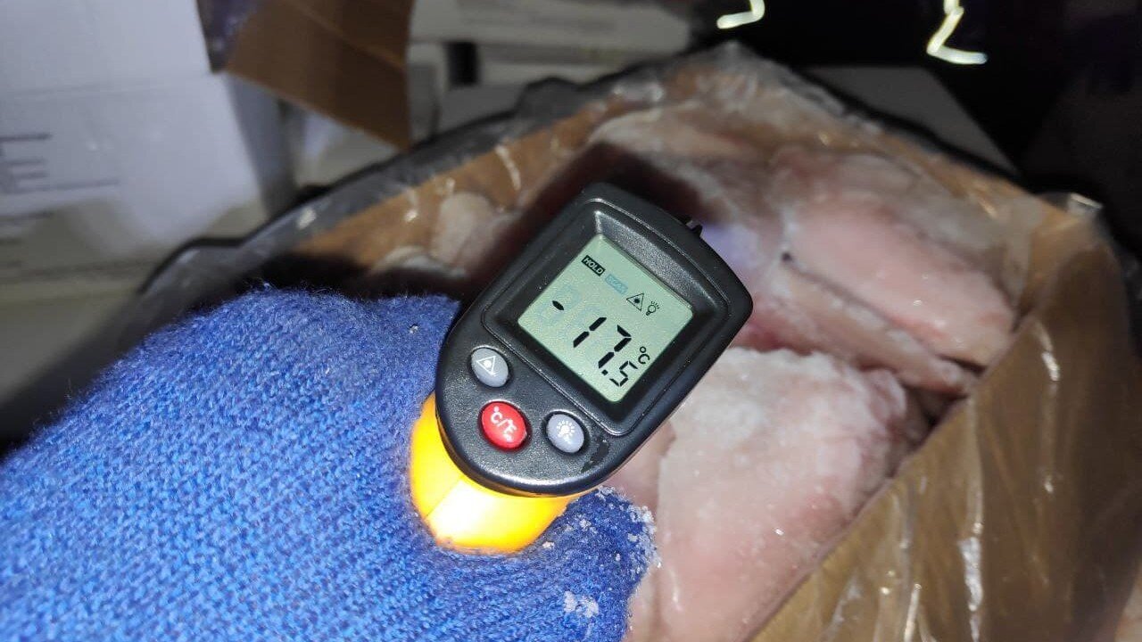 Random inspection of boxes with allegedly damaged frozen cargo. Temperature measurement