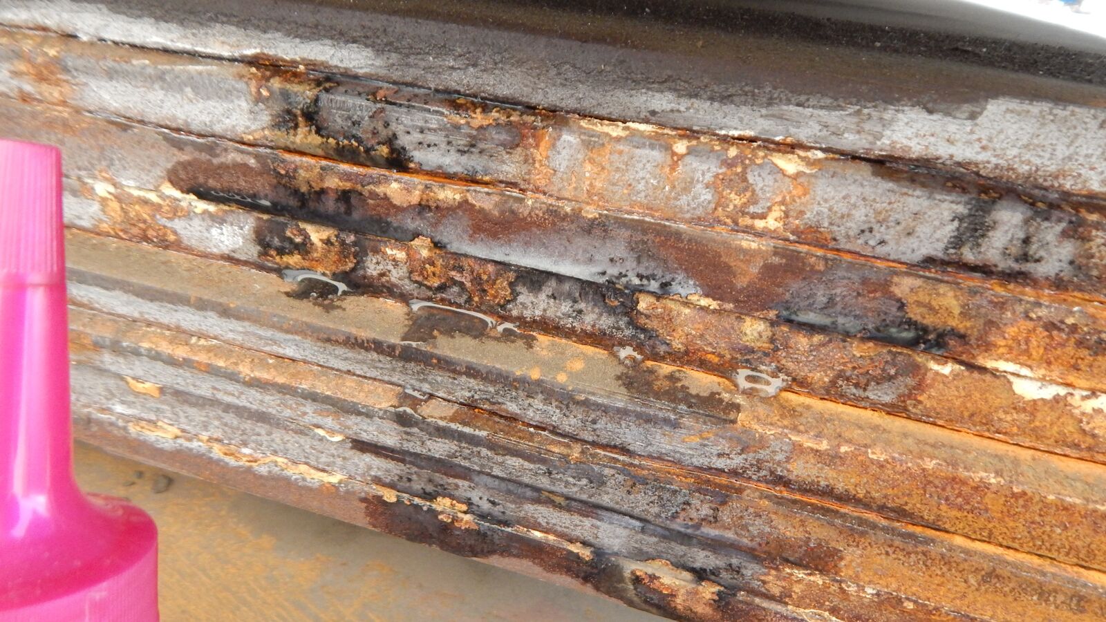Testing of edges of hot rolled plates by silver nitrate. A positive reaction may be due to previous contact with salt water.