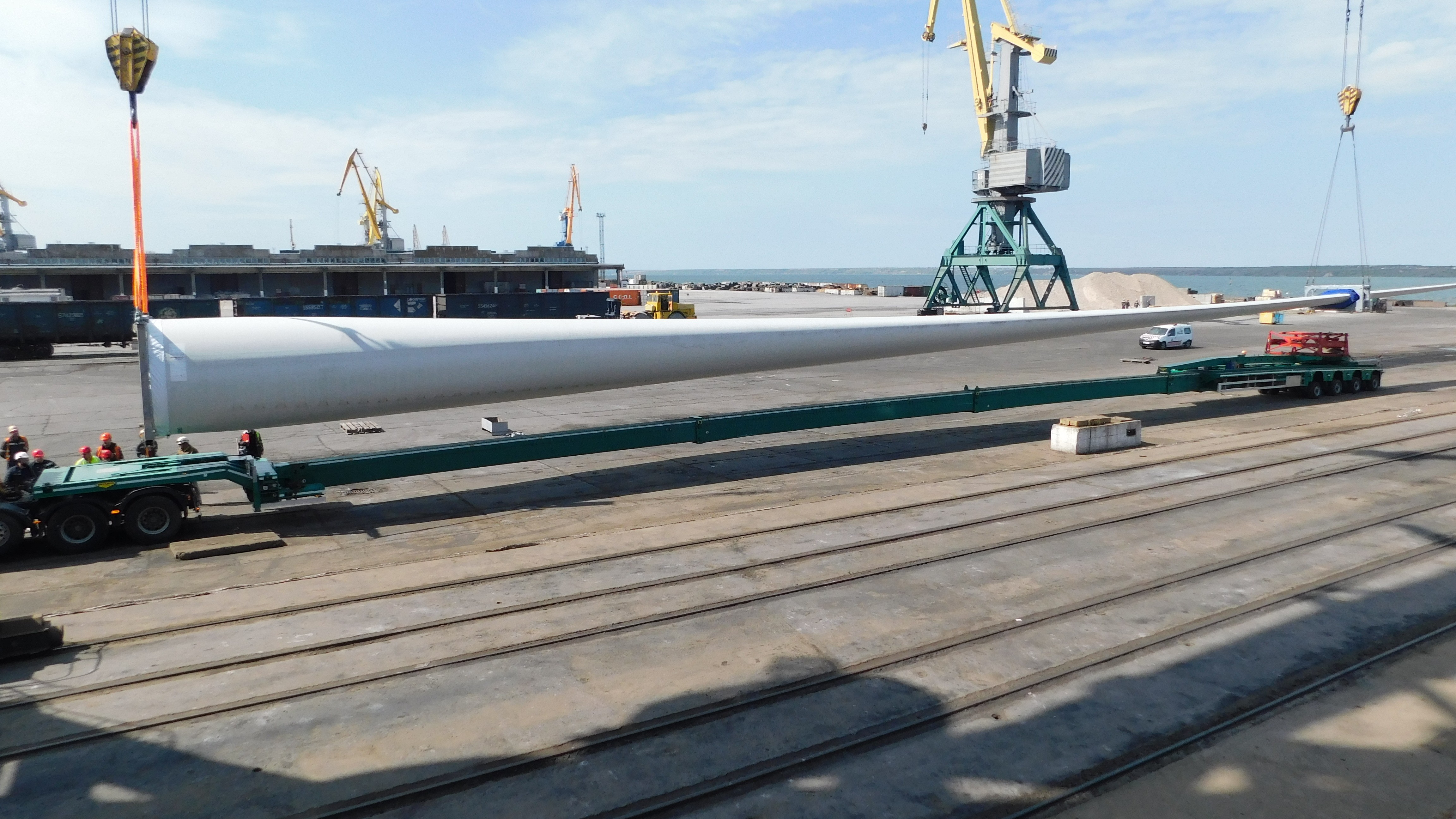 Project Cargo. Loading of wind turbine blade on truck platform