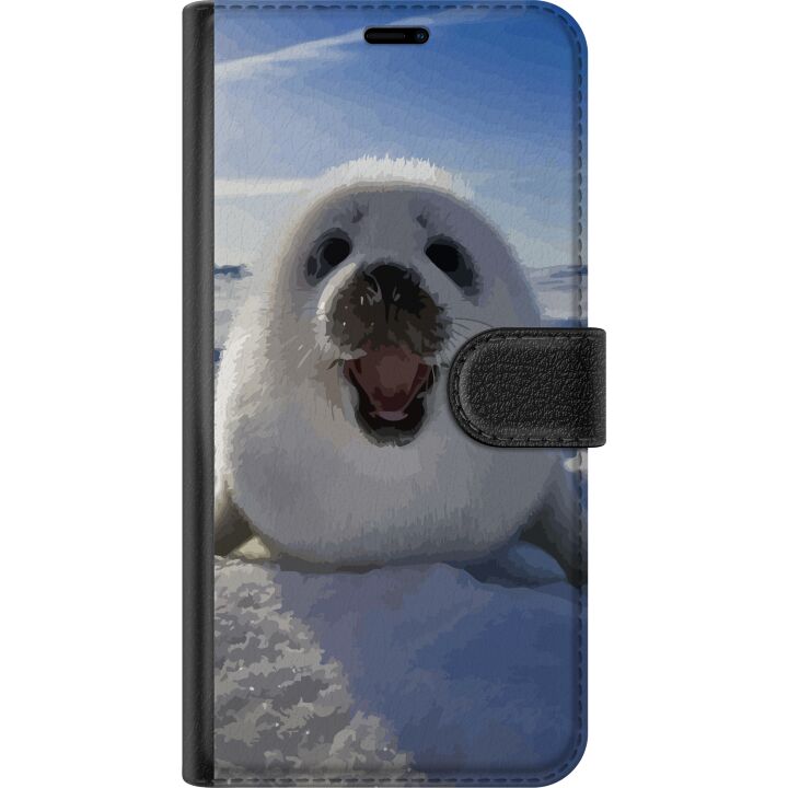 Kompatibelt Plånboksfodral till Samsung Galaxy A26 Sälunge i snön med stort leende och mjuk rund form, gulligt vintermotiv med arktisk känsla perfekt