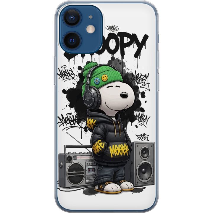 Kompatibelt Mobilskal till Apple iPhone 12 mini Snoopy i streetwear med hörlurar och graffitistil står bredvid en boombox och ler stort, ett urbant m