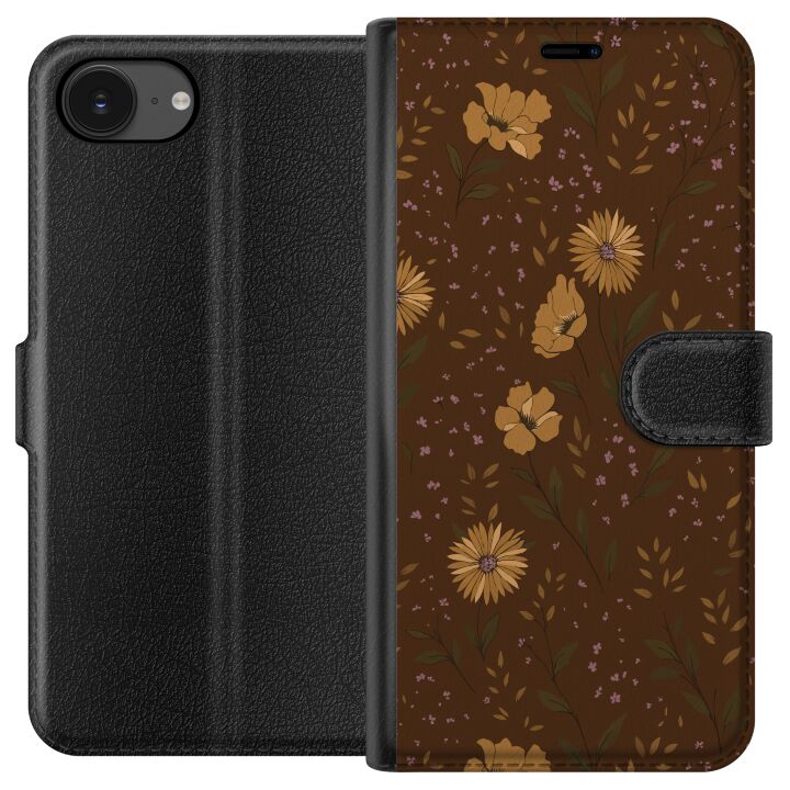 Kompatibelt Plånboksfodral till Apple iPhone 16e Retro blommigt mönster brun bakgrund blommor vintage 70-talsstil bohemisk tapetdesign tryck