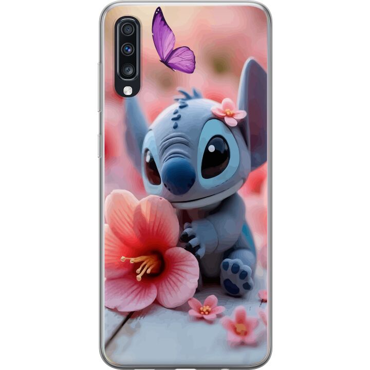 Kompatibelt Mobilskal till Samsung Galaxy A70 Söt blå fantasivarelse med rosa blomma och fjäril, romantiskt vårmotiv