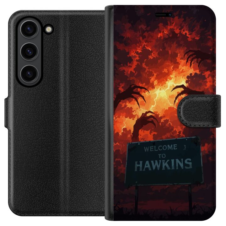 Kompatibelt Plånboksfodral till Samsung Galaxy S24+ Apokalyptisk scen med brinnande himmel och Hawkins-skylt i Stranger Things-känsla