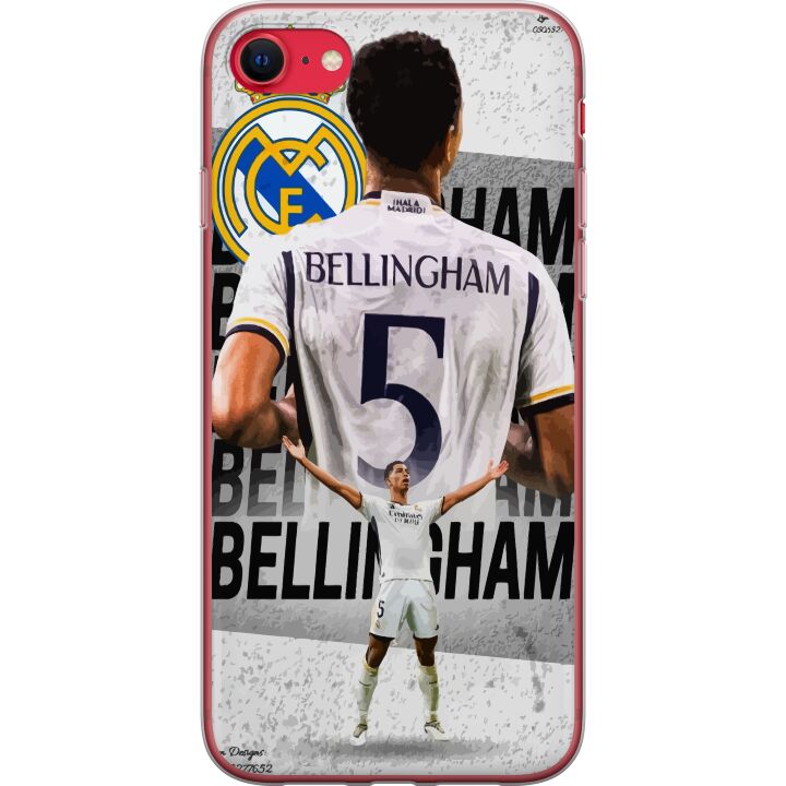 Kompatibelt Mobilskal till Apple iPhone SE (2022) Real Madrid Jude Bellingham med försvarare i nummer 5 tröja stort klubbemblem svartvit kontrast atl