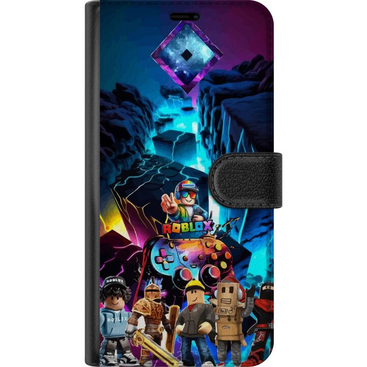 Kompatibelt Plånboksfodral till Samsung Galaxy A16 5G Roblox futuristisk neonvärld med spelkontroller, karaktärer och ljuseffekter - perfekt för alla