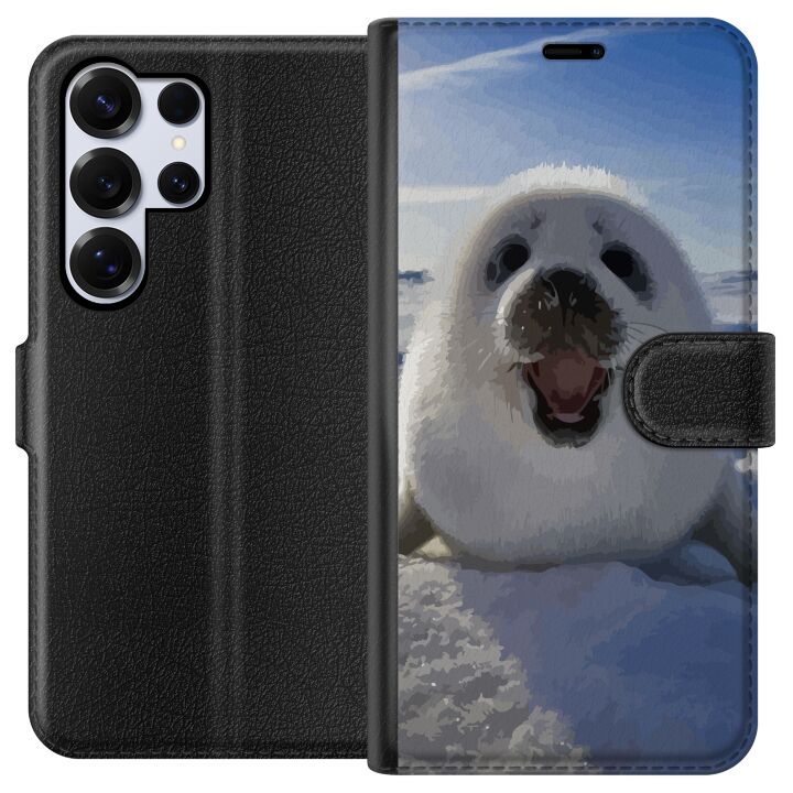 Kompatibelt Plånboksfodral till Samsung Galaxy S25 Ultra Sälunge i snön med stort leende och mjuk rund form, gulligt vintermotiv med arktisk känsla p