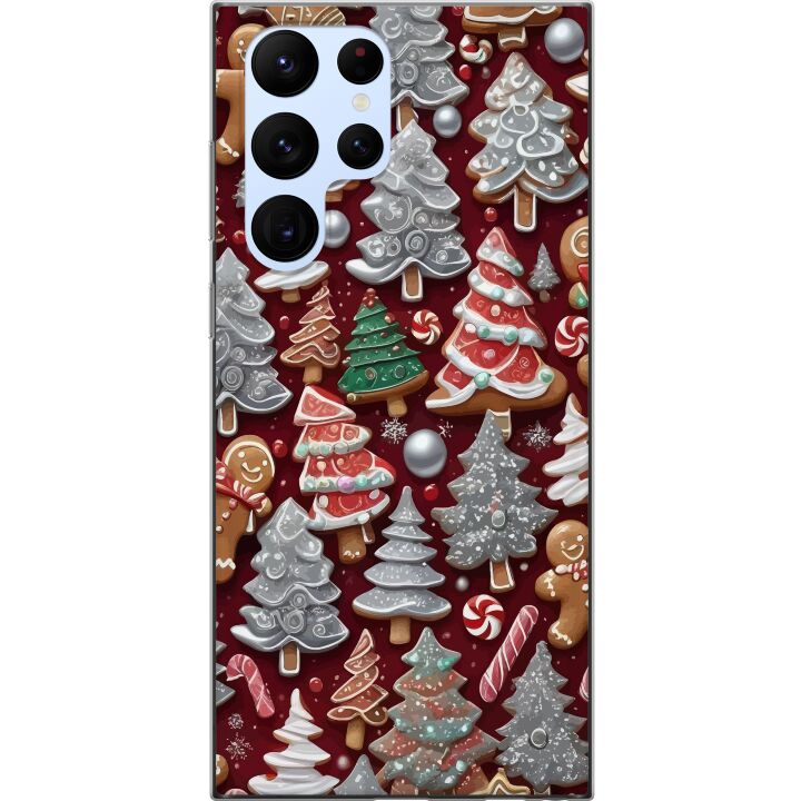 Kompatibelt Mobilskal till Samsung Galaxy S22 Ultra 5G Julmotiv med pepparkakor granar och vinterkänsla