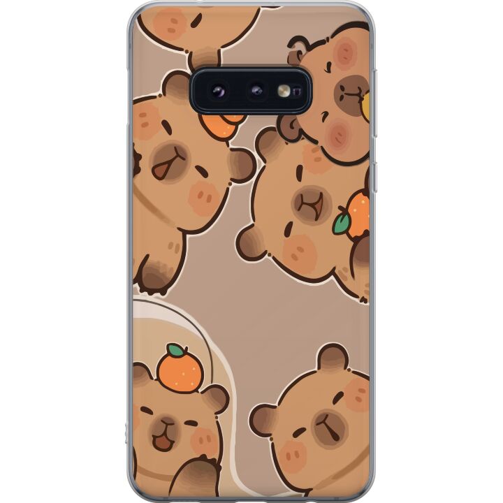 Kompatibelt Mobilskal till Samsung Galaxy S10e Gulliga capybaror i varma toner med apelsiner och glada uttryck