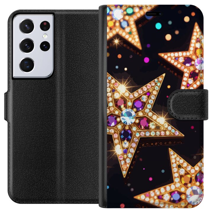 Kompatibelt Plånboksfodral till Samsung Galaxy S21 Ultra 5G Gyllene glitterstjärnor med kristaller och festlig ljuseffekt på mörk bakgrund, ett elega