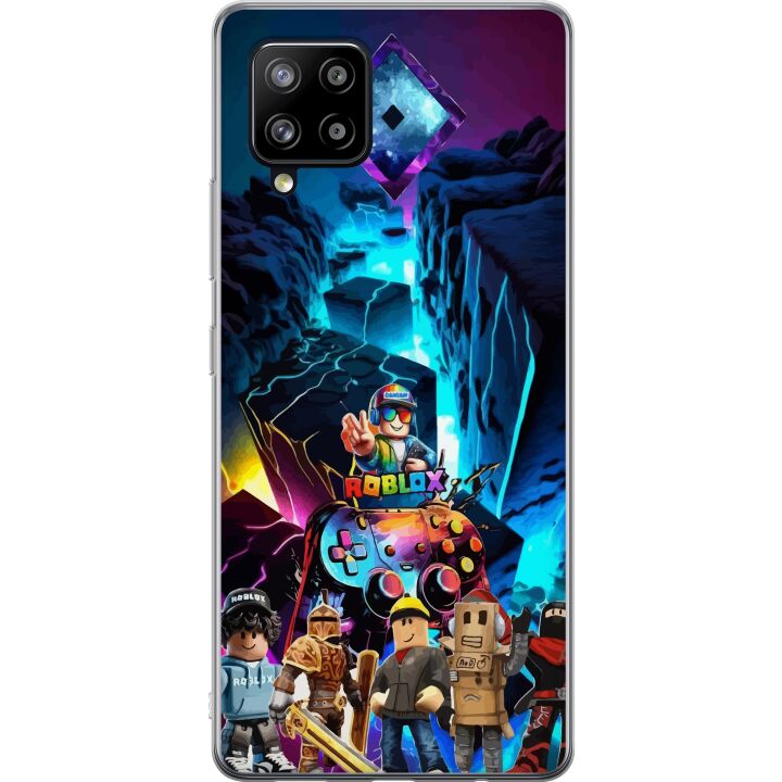 Kompatibelt Mobilskal till Samsung Galaxy A42 5G Roblox futuristisk neonvärld med spelkontroller, karaktärer och ljuseffekter - perfekt för alla spel