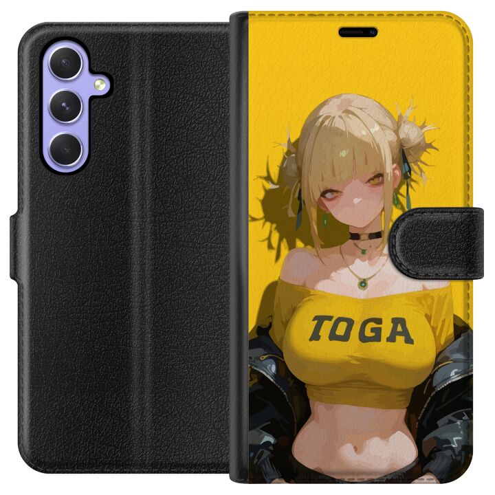 Kompatibelt Plånboksfodral till Samsung Galaxy A54 Gul animeinspirerad illustration med blond karaktär och stark bakgrund i kawaii stil för trendiga