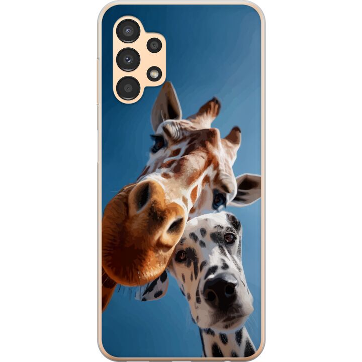 Kompatibelt Mobilskal till Samsung Galaxy A13 Giraff och Dalmatiner Duo motiv med en rolig närbild på giraff och dalmatiner i ett soligt perspektiv