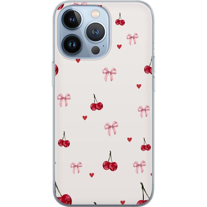Kompatibelt Mobilskal till Apple iPhone 13 Pro Körsbärshjärtan och rosetter med körsbärrosa band och hjärtan i charmig och gullig design