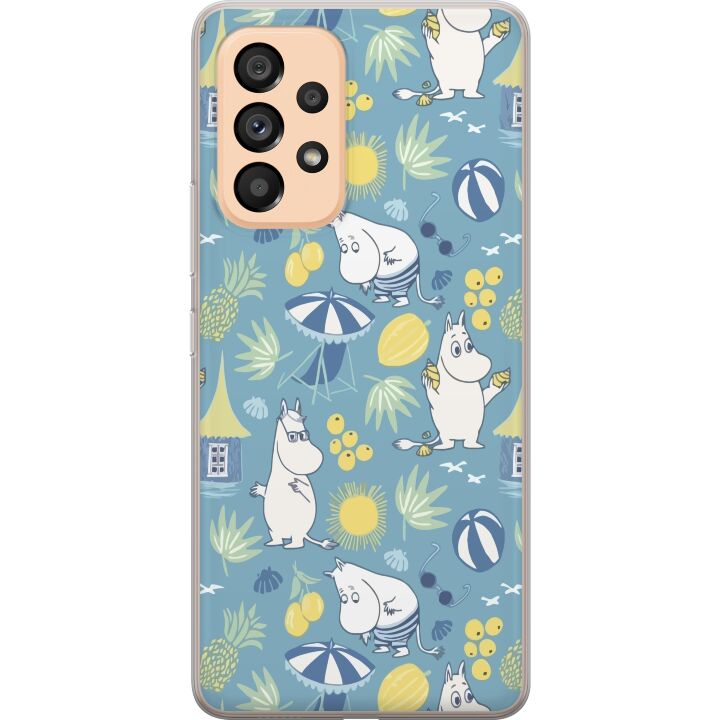 Kompatibelt Mobilskal till Samsung Galaxy A53 5G Strandtema med frukter, parasoller, sommarhus och glada figurer i färgglatt mönster fyllt av lekfull