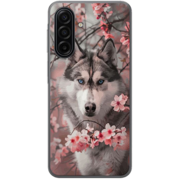 Kompatibelt Mobilskal till Samsung Galaxy A17 5G Sibirisk Husky affisch hund blå ögon körsbärsblommor varg natur djur blommor söt retro design