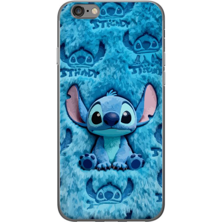 Kompatibelt Mobildeksel til Apple iPhone 6s Stitch sitter på et fluffy blått mønster med ansiktet og ørene gjentatt som tekstur, noe som skaper et sø