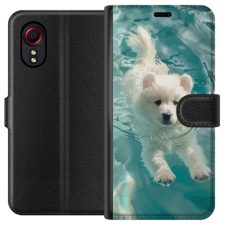 Kompatibelt Plånboksfodral till Samsung Galaxy Xcover 5 Hundvalp i Vatten Vit Hund Simbassäng Blå Turkos Sommartema Söt Djur Illustration Design Kons