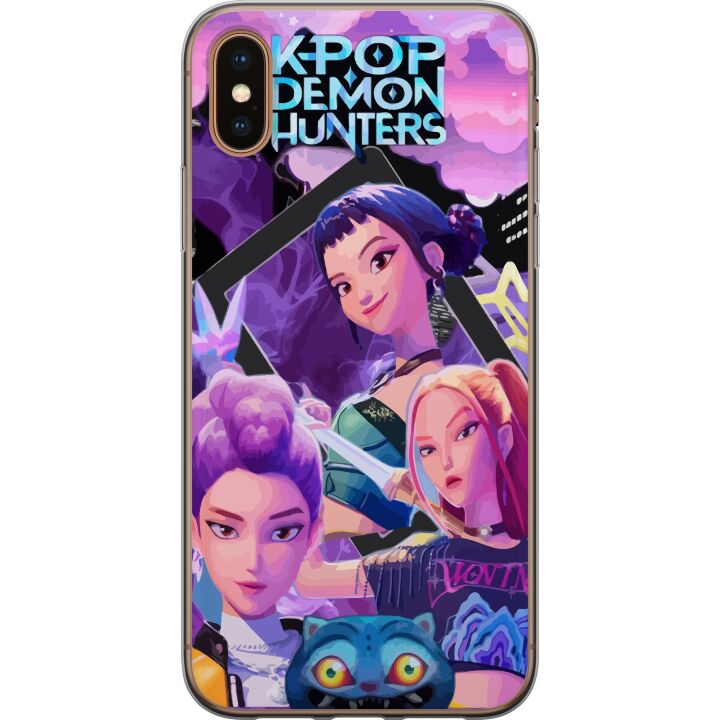 Kompatibelt Mobildeksel til Apple iPhone XS K-Pop Demon Hunters anime inspirert futuristisk by med tre heltinner og lilla neonlys