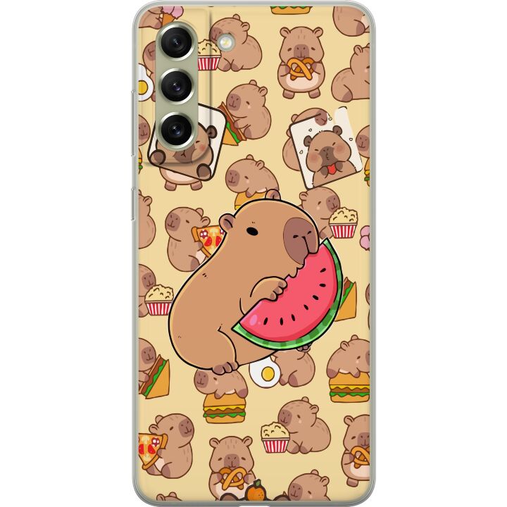 Kompatibelt Mobilskal till Samsung Galaxy S21 FE 5G Capybara Snack Tid Söta capybaror njuter av vattenmelon pizza och popcorn i en varm och lekfull d