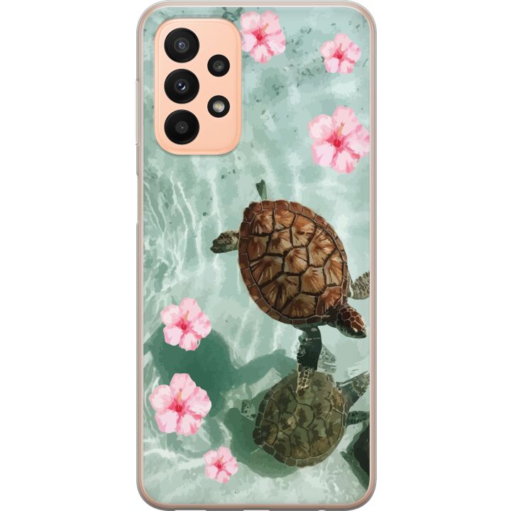 Kompatibelt Mobilskal till Samsung Galaxy A23 5G Sköldpaddor och hibiskus tropisk design med blommor och vatten, lugn semesterkänsla inspirerad av ha