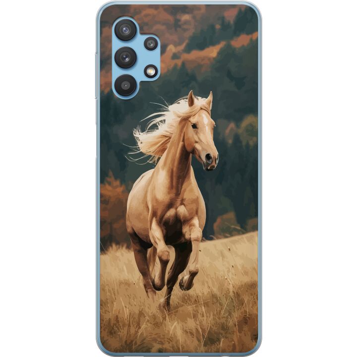 Kompatibelt Mobilskal till Samsung Galaxy A32 5G Elegant häst som springer över höstfält med vackra färger och naturkänsla kraftfull detaljrik illust