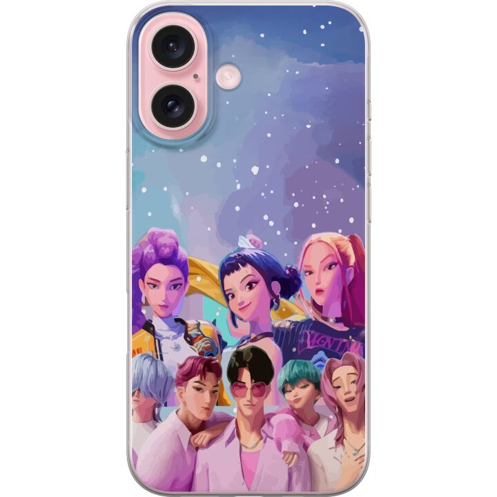 Kompatibelt Mobilskal till Apple iPhone 16 HuntrX Collab motiv med färgstarka KPop-karaktärer i modern futuristisk stil med glittrande detaljer