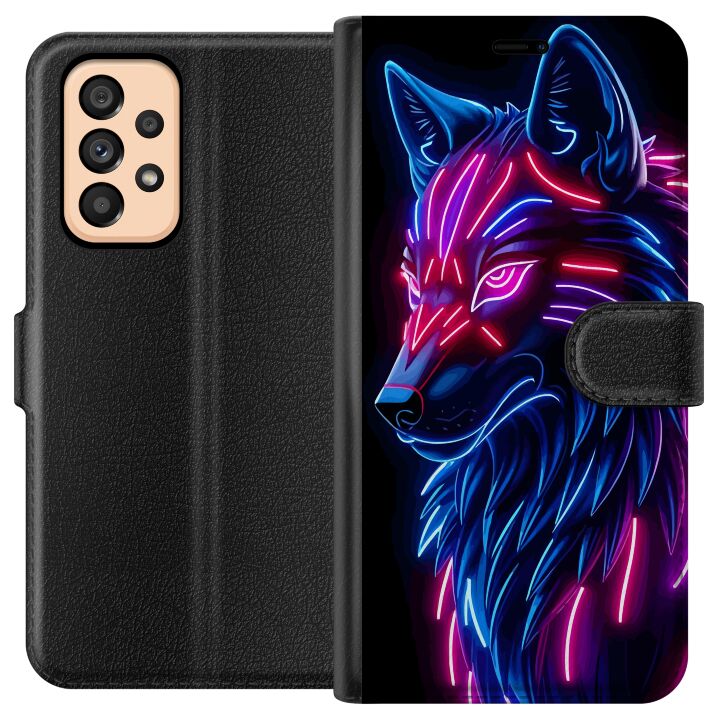 Kompatibelt Plånboksfodral till Samsung Galaxy A53 5G Neonupplyst varg i blått och rosa ljus med futuristisk cyberpunkkänsla
