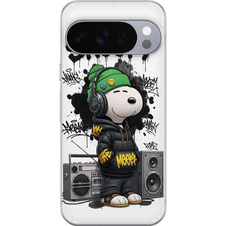 Kompatibelt Mobilskal till Google Pixel 10 Pro Snoopy i streetwear med hörlurar och graffitistil står bredvid en boombox och ler stort, ett urbant mo