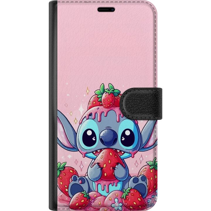Kompatibelt Plånboksfodral till Samsung Galaxy A16 5G Stitch Jordgubbe Kärlek sött motiv med blå figur och jordgubbar i rosa pastelltema