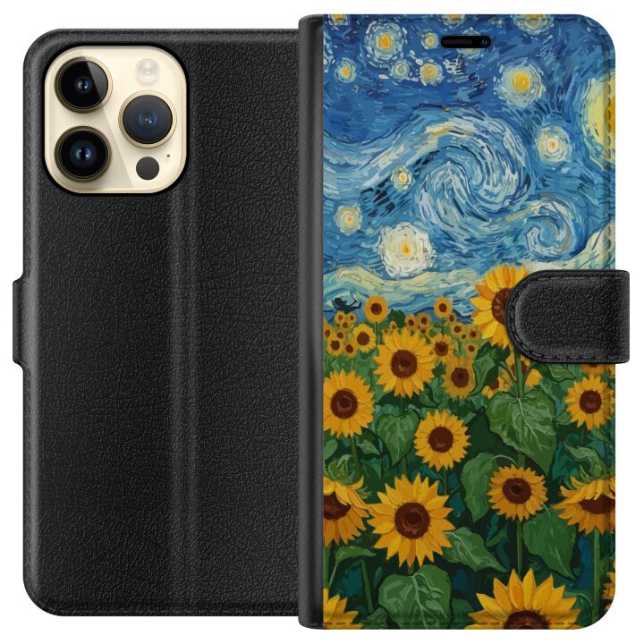 Kompatibelt Plånboksfodral till Apple iPhone 15 Pro Max Solrosfält Konst - Målning Inspirerad av Van Gogh med Stjärnklar Himmel