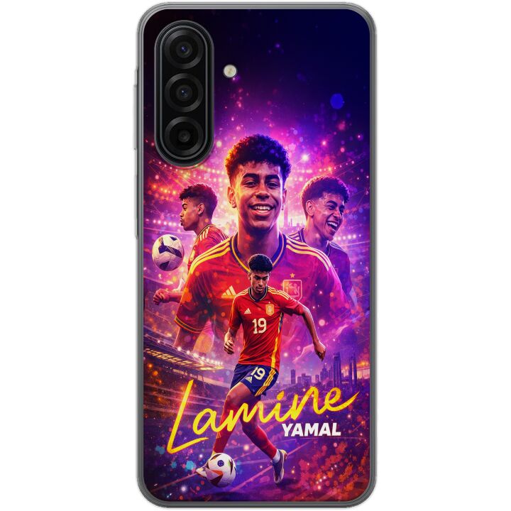 Kompatibelt Mobilskal till Samsung Galaxy A17 5G Lamine Yamal fotbollsposter i spansk landslagströja med fartfylld action, färgstark sportillustratio