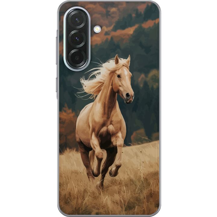 Kompatibelt Mobilskal till Samsung Galaxy A36 Elegant häst som springer över höstfält med vackra färger och naturkänsla kraftfull detaljrik illustrat