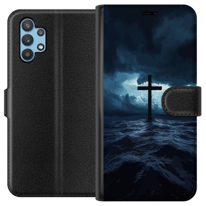 Kompatibelt Plånboksfodral till Samsung Galaxy A32 5G Kors i stormigt hav dramatisk kristen tavla med kors och vågor religiöst motiv ocean himmel fai