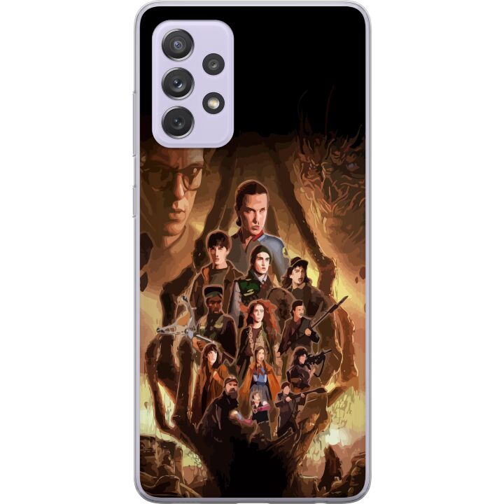Kompatibelt Mobilskal till Samsung Galaxy A52s 5G Stranger Things-gruppbild med hjältarna i en mörk fantasimiljö och hotfull varelse