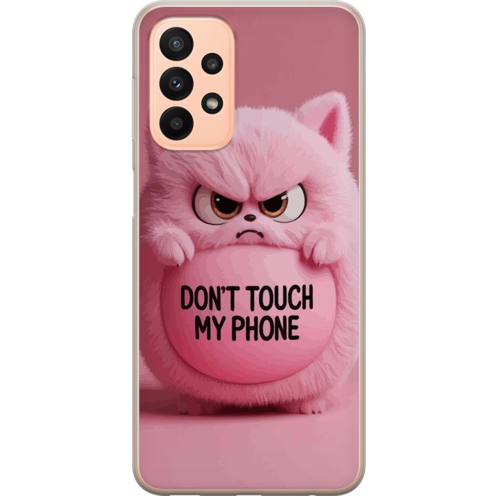 Kompatibelt Mobilskal till Samsung Galaxy A23 5G Humoristisk rosa katt med texten Don't Touch My Phone, en rolig trendig design som passar perfekt so