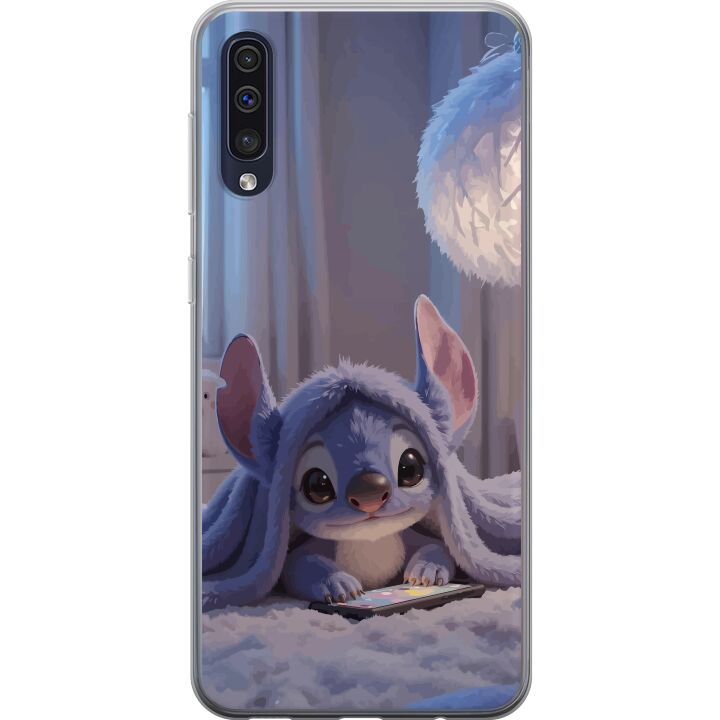 Kompatibelt Mobilskal till Samsung Galaxy A50 Stitch under filt med telefon kvällsmys i blå toner charmig drömlik design för alla som älskar söt stil