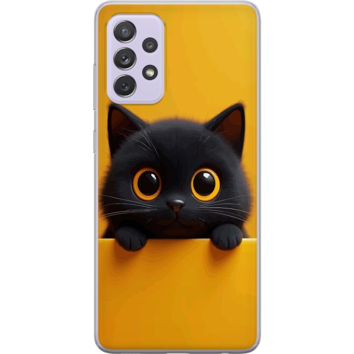 Kompatibelt Mobilskal till Samsung Galaxy A52s 5G Söt svart katt med stora ögon på gul bakgrund - minimalistisk djurillustration med varm färg och mj