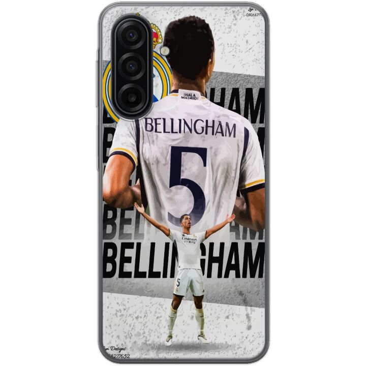 Kompatibelt Mobilskal till Samsung Galaxy A17 5G Real Madrid Jude Bellingham med försvarare i nummer 5 tröja stort klubbemblem svartvit kontrast atle