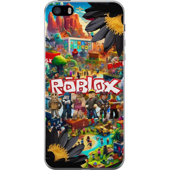 Kompatibelt Mobildeksel til Apple iPhone SE (2016) Roblox-spillverden med populære karakterer, fargerike omgivelser og eventyr - perfekt for barn og