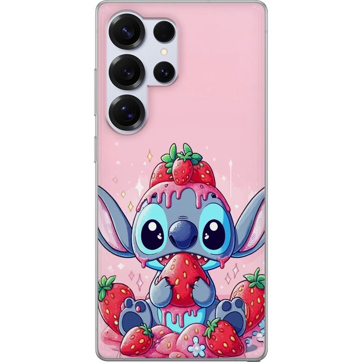 Kompatibelt Mobilskal till Samsung Galaxy S25 Ultra Stitch Jordgubbe Kärlek sött motiv med blå figur och jordgubbar i rosa pastelltema