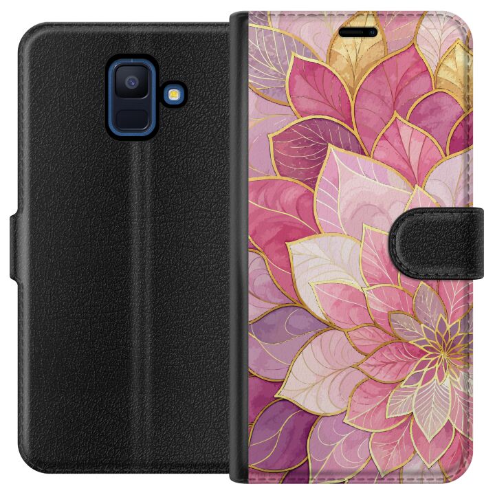 Kompatibelt Plånboksfodral till Samsung Galaxy A6 (2018) Blommig mandala - Rosa och lila mönster med gyllene detaljer illustration