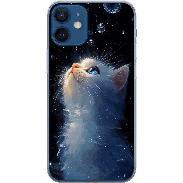 Kompatibelt Mobildeksel til Apple iPhone 12 mini Drømmende stjernekatt med en hvit katt som ser mot stjernene, et drømmende og magisk motiv for katte