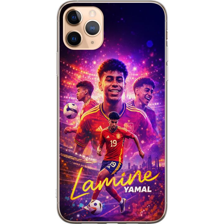 Kompatibelt Mobildeksel til Apple iPhone 11 Pro Max Lamine Yamal fotballplakat i spansk landslagstrøye med fartfylt action, fargerik sportillustrasjo