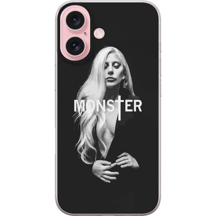 Kompatibelt Mobilskal till Apple iPhone 16 Lady Gaga Monster porträtt - svartvitt Lady Gaga design med stark MONSTER-typografi och ikonisk look