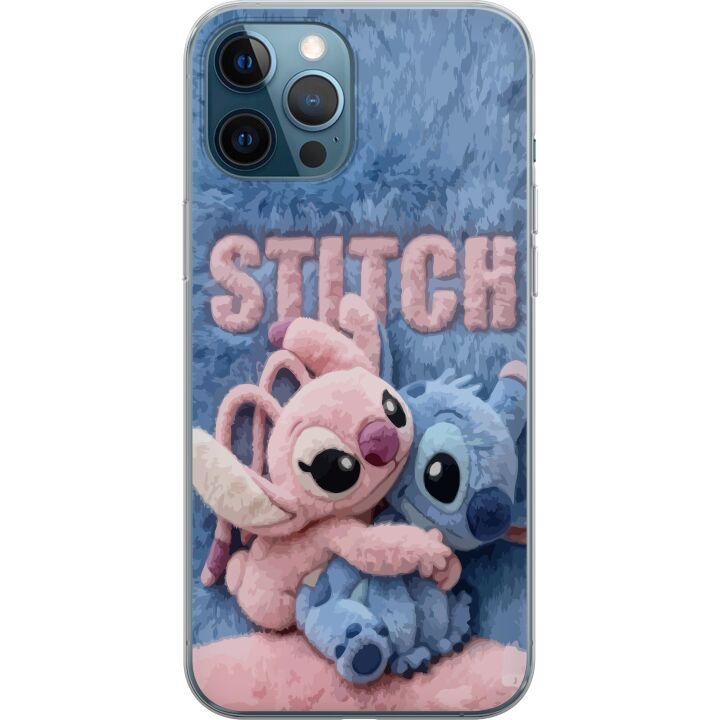 Kompatibelt Mobilskal till Apple iPhone 12 Pro Fluffiga Stitch och Angel kramas på mjukt pälsigt underlag med pastellfärger som skapar varm gosig kän
