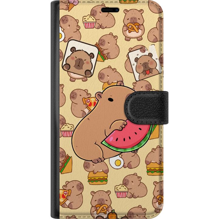Kompatibelt Plånboksfodral till Samsung Galaxy A16 5G Capybara Snack Tid Söta capybaror njuter av vattenmelon pizza och popcorn i en varm och lekfull